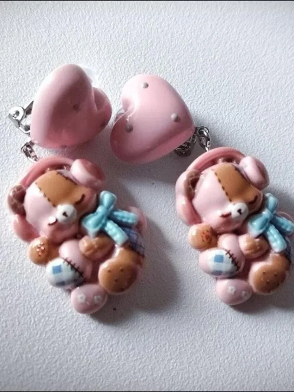 Teddy Bear Heart Earrings Cute Girly_